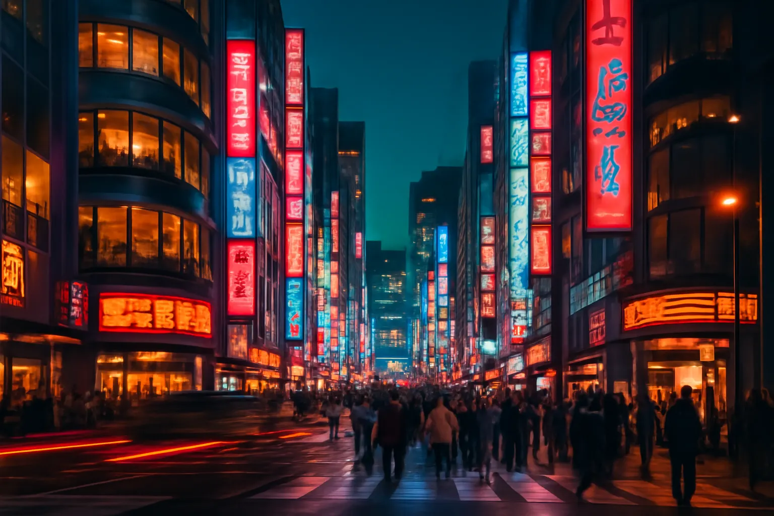 Futuristic cityscape with neon lights and modern architecture evoking Tokyo's vibrant urban atmosphere