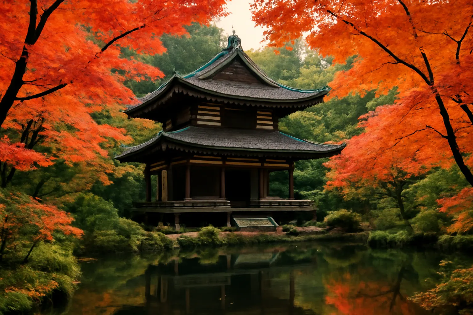 Traditional Japanese temple in Kyoto surrounded by autumn foliage and a serene pond