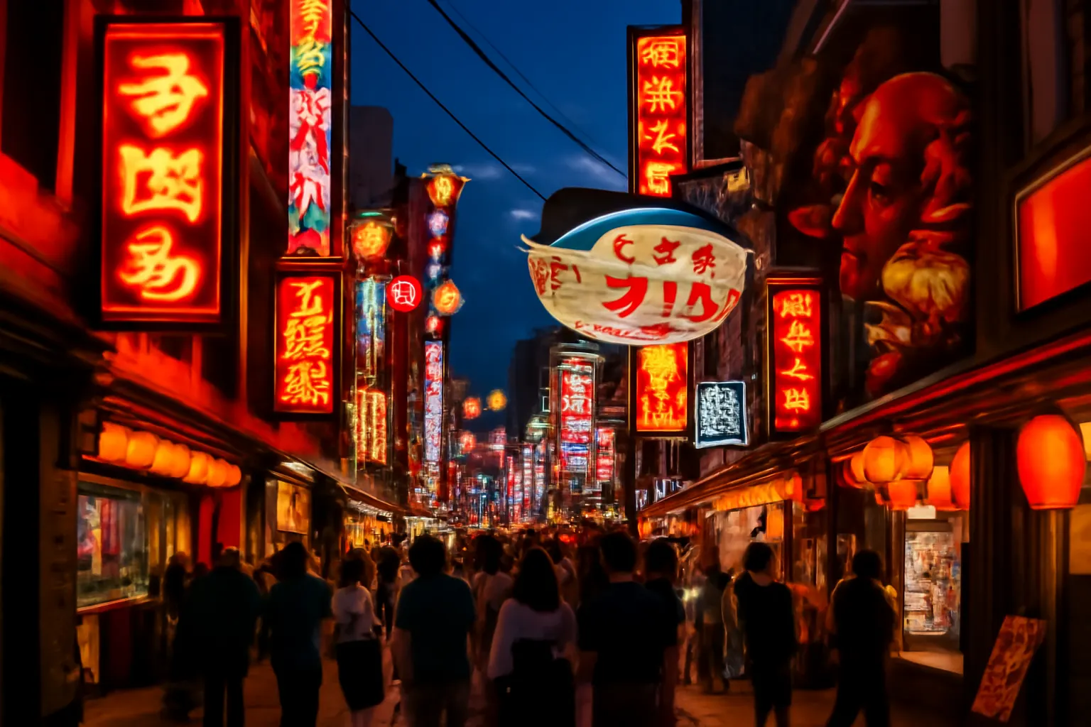 Colorful and lively Japanese street at dusk with neon lights and traditional lanterns