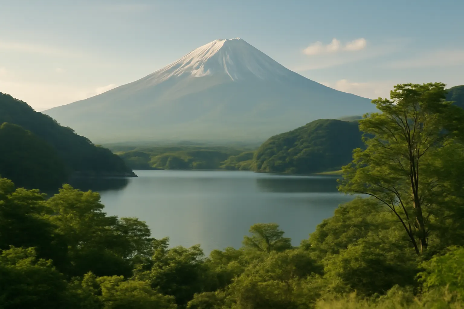 Serene Japanese mountain landscape with a majestic volcanic peak and lush greenery