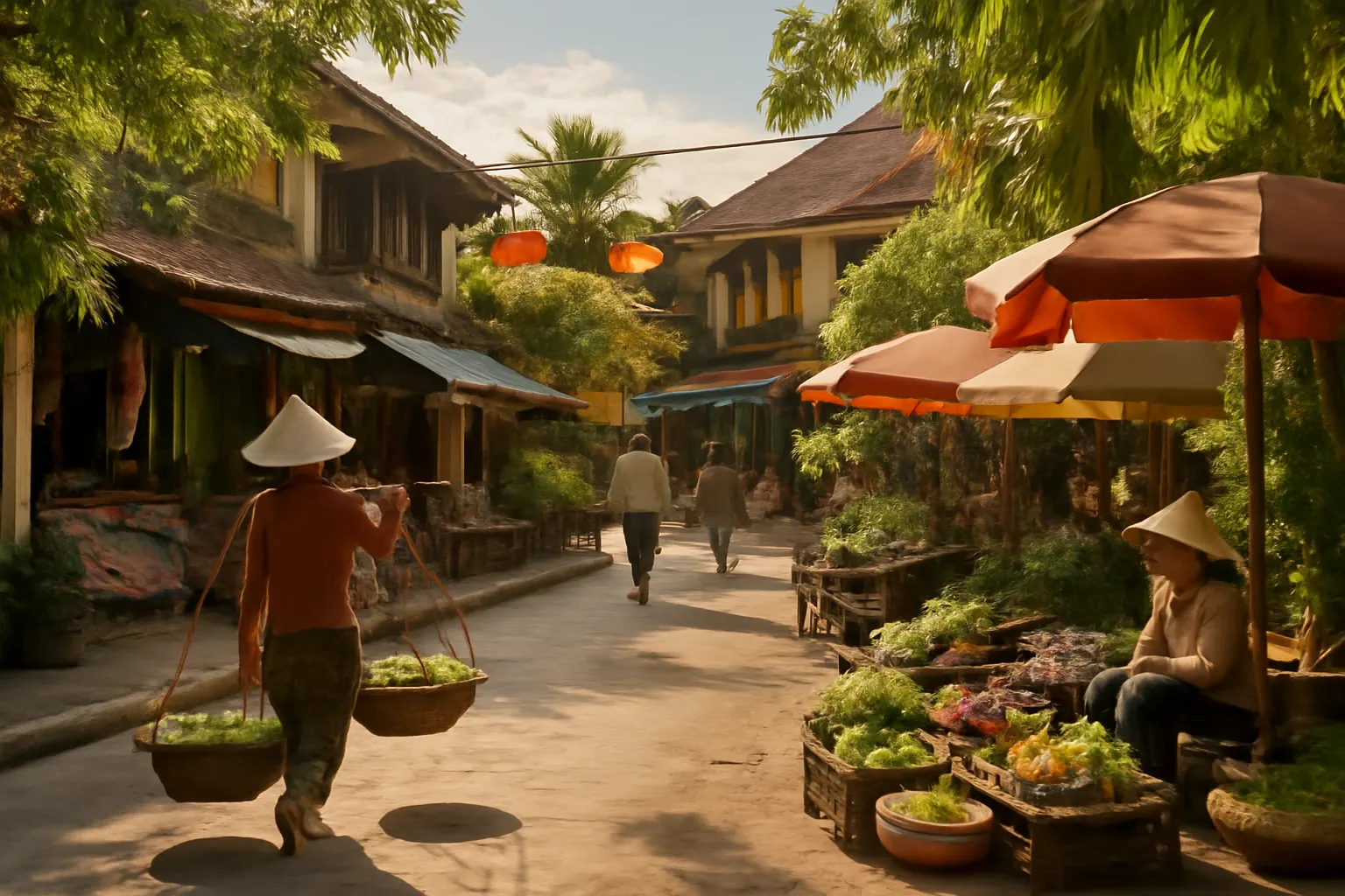 Vibrant Southeast Asian street scene with traditional markets and lush greenery representing Vietnam, Cambodia, and Laos