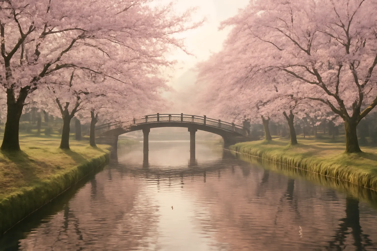 Cherry blossoms blooming along a river in a Japanese park during sakura season with a traditional wooden bridge
