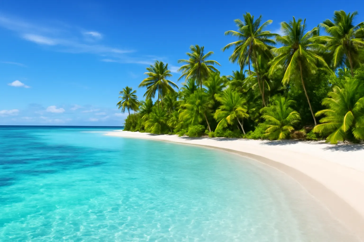 Tropical island with white sandy beach and turquoise sea under clear blue sky