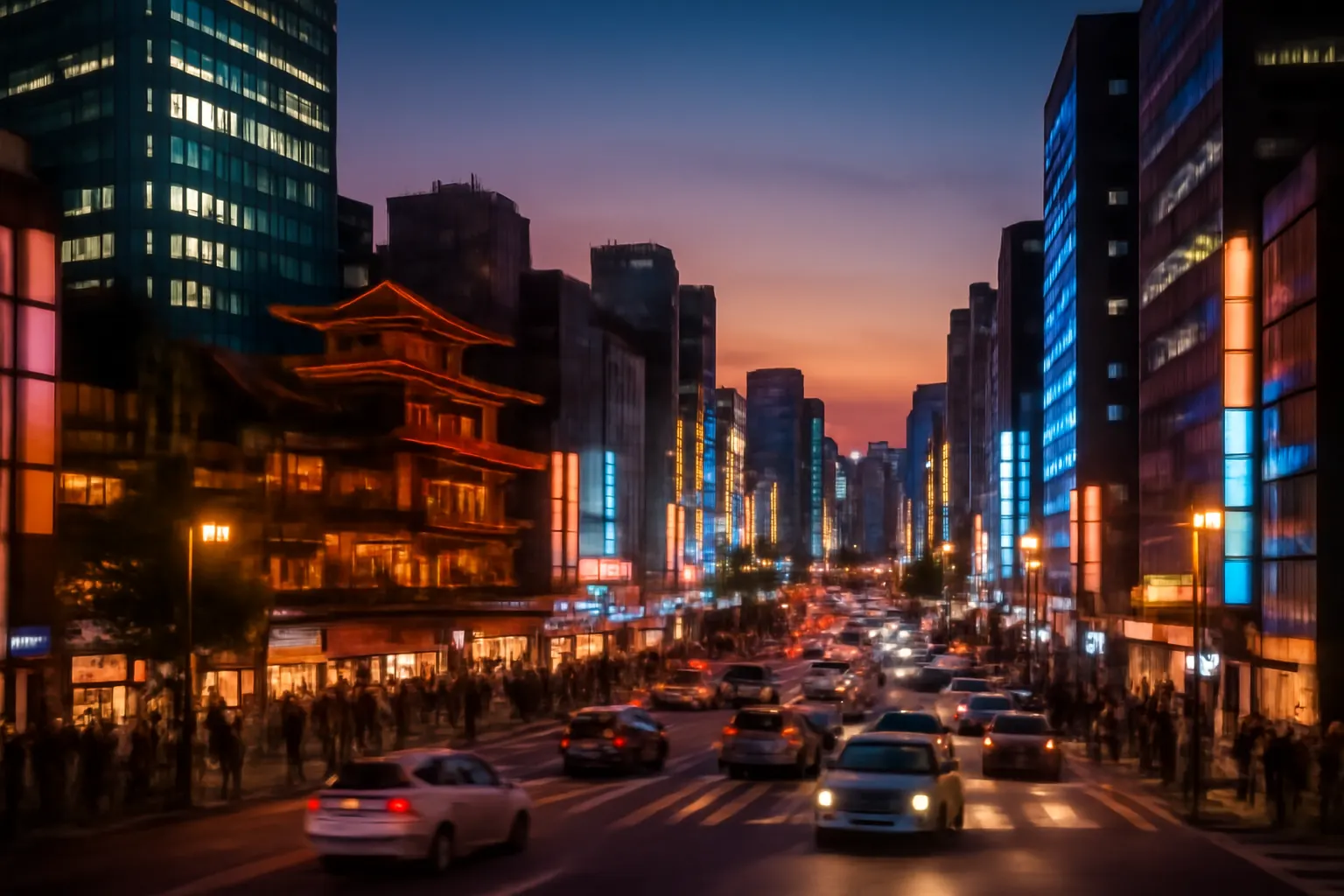 Vibrant cityscape of an Asian metropolis at dusk with colorful lights and modern buildings